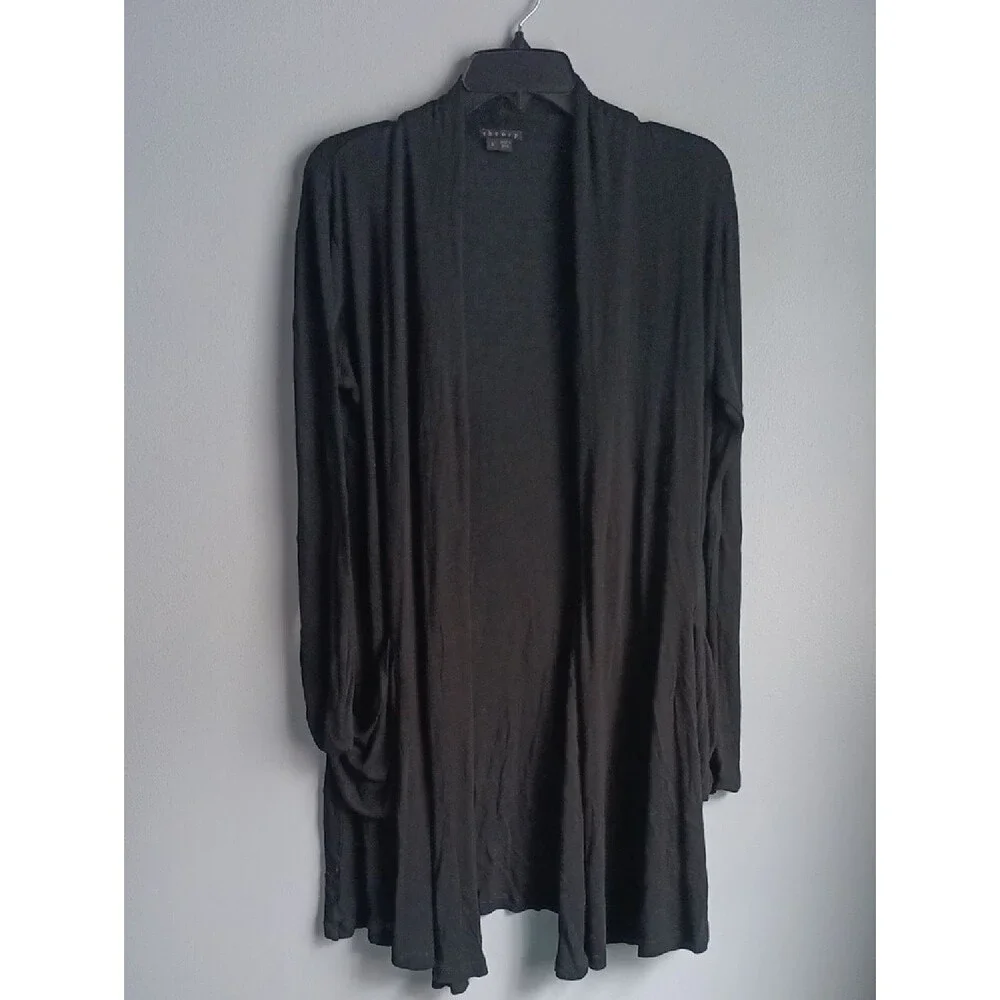 Theory Black Silk Blend Long Open Cardigan - Picture 1 of 4